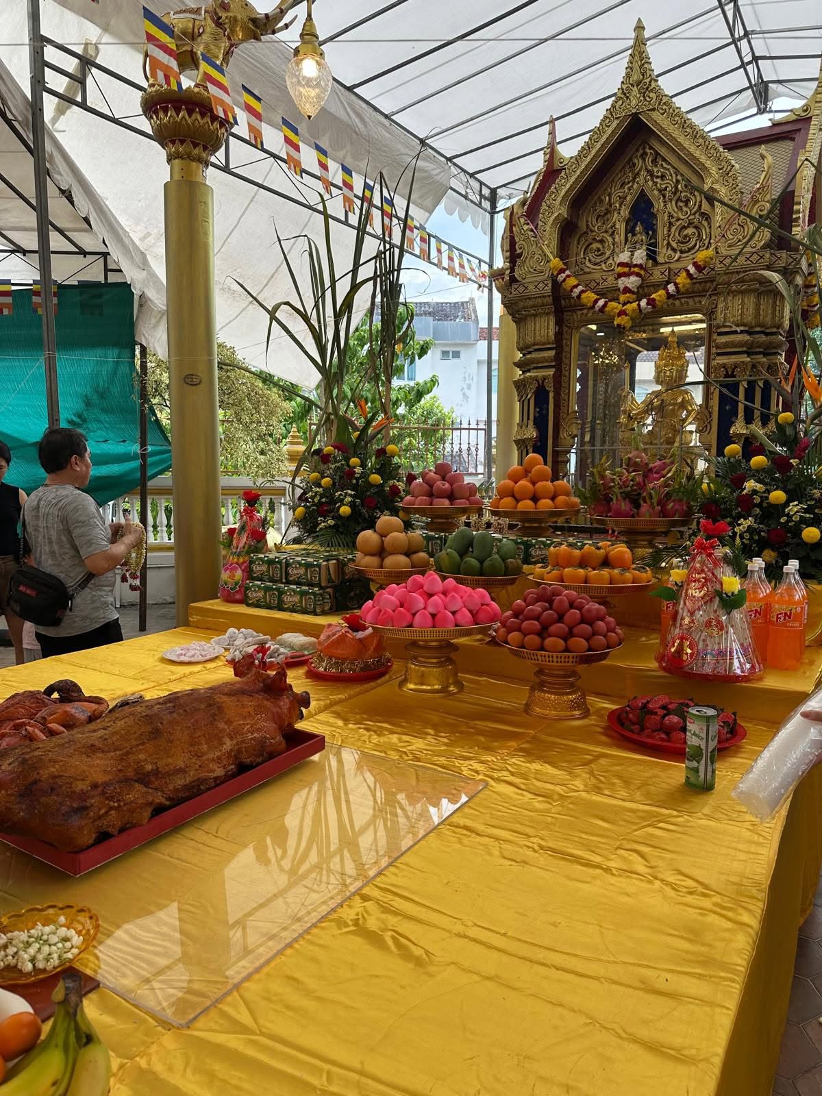 Offerings prepared for the celebration of Phra Phrom's birthday